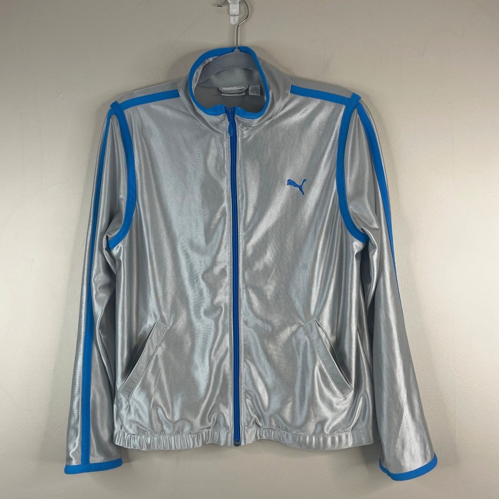 Vintage Y2K Puma Track Jacket Womens Large Silver Urban Chic Hip Hop Full Zip